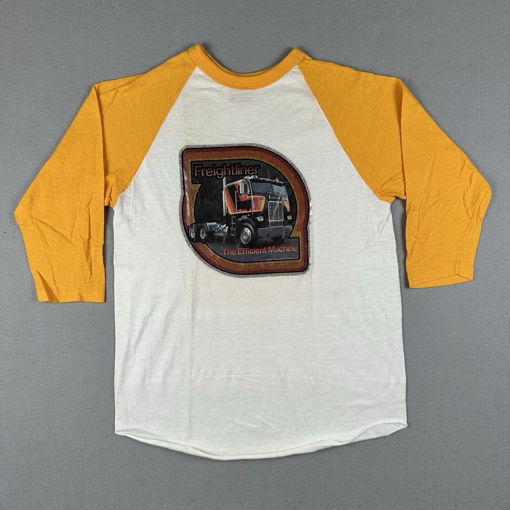Vintage 70s Freightliner Truck Shirt Men's‎ Medium 3/4 Sleeve Yellow Trucker